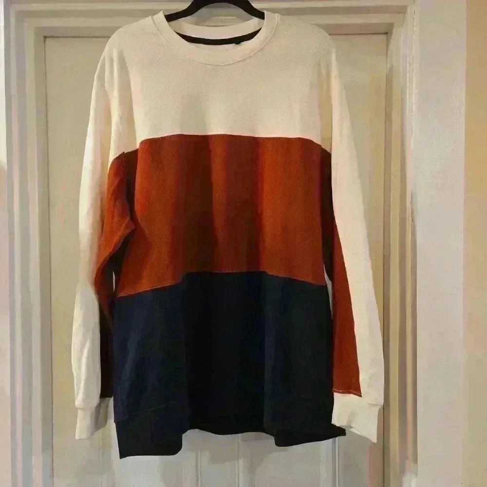 Oda Mens Color Block Causual Crewneck Sweatshirt Blue Cream Red Size XXXL